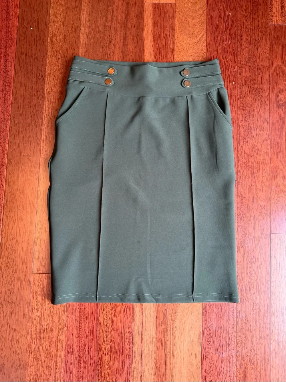 Harper Olive Green Pencil Skirt with Button-Waist Detail